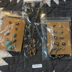 Boho Turquoise and Gold Earring & Necklace Set - Women Jewelry